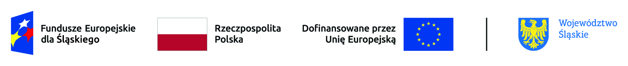 Logotypy związane z realizowanym projektem. Kolejno: logo Fundusze Europejskie dla Śląskiego, flaga Rzeczpospolitej Polskiej, logo Unii Europejskiej z informacją "Dofinansowano przez Unię Europejską", znak herbowy Województwa Śląskiego.