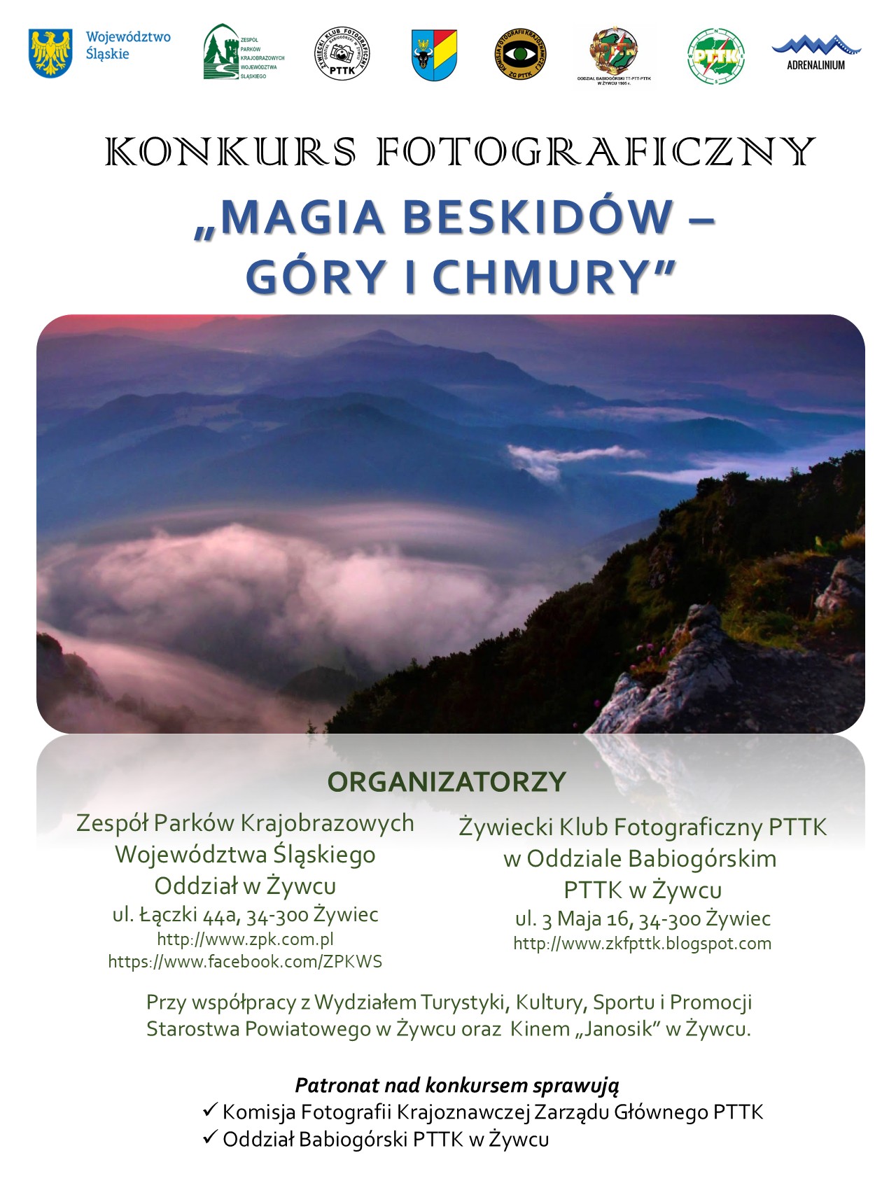 Na górze logotypy organizatoorów, poniżej nazwa konkursu. Po środku zdjęcie prezentujące chmury nad górami. Pod zdjęciem informacje o organizatorach, na dole informacje o patronacie nad konkursem.